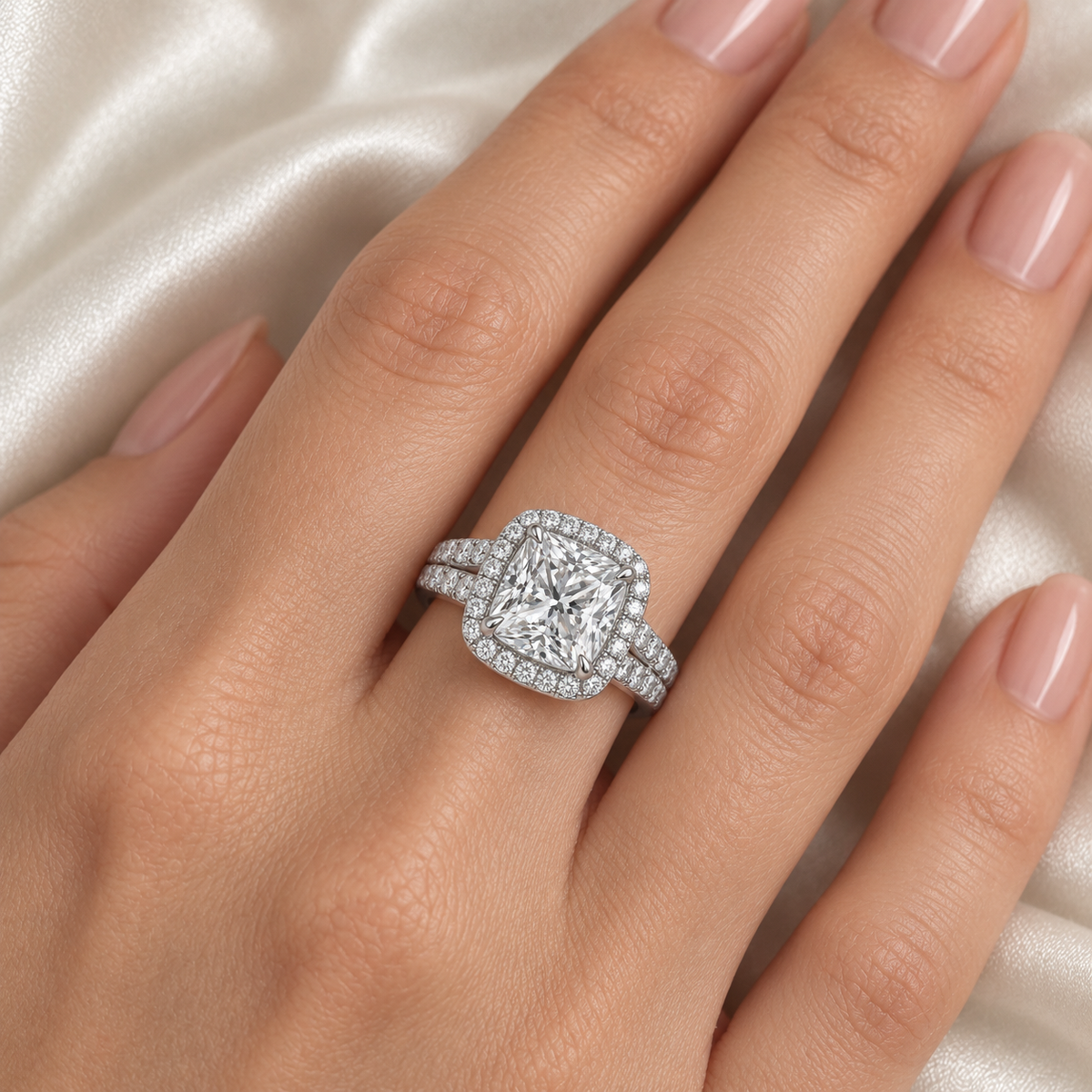 Cushion Double Row Halo Lab-Grown Diamond Engagement Ring — on-hand illustrative render