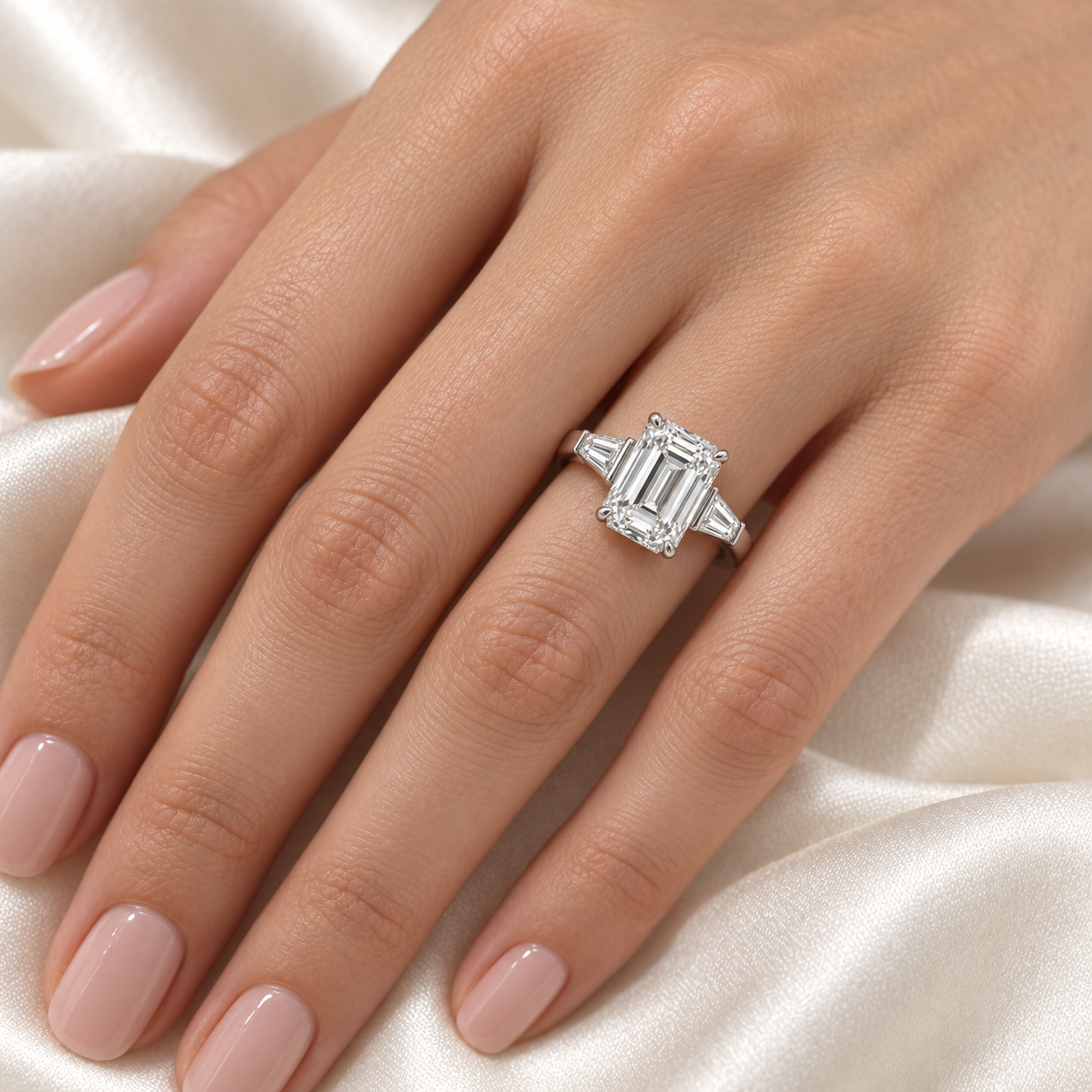 Emerald Baguette Three Stone Lab-Grown Diamond Engagement Ring — on-hand illustrative render