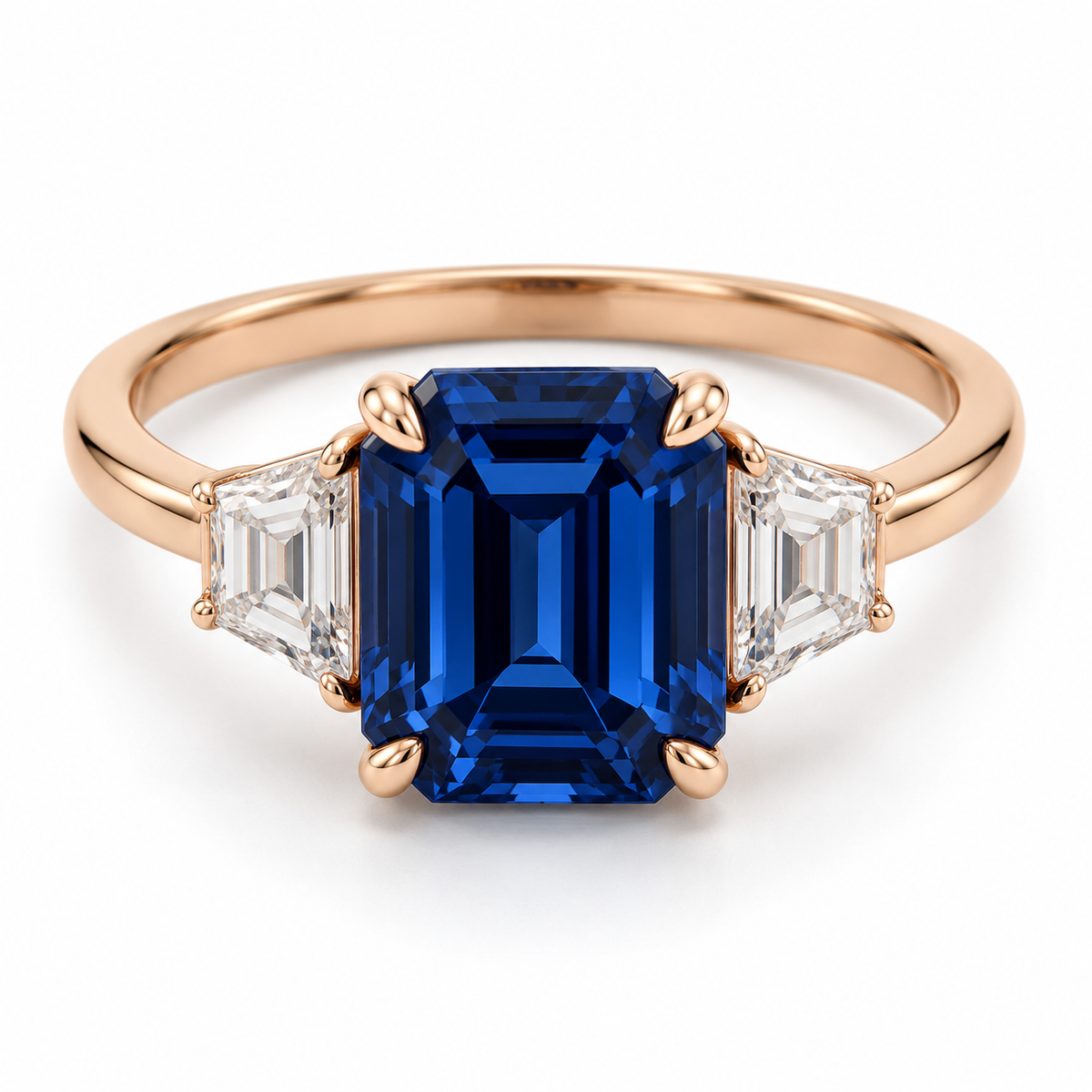 Emerald Sapphire Three Stone Lab-Grown Sapphire and Diamond Engagement Ring — main illustrative render
