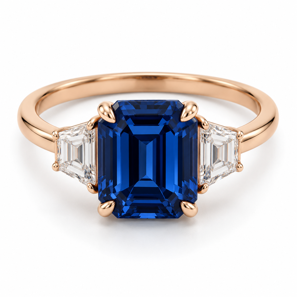 Emerald Sapphire Three Stone Lab-Grown Sapphire and Diamond Engagement Ring — main illustrative render