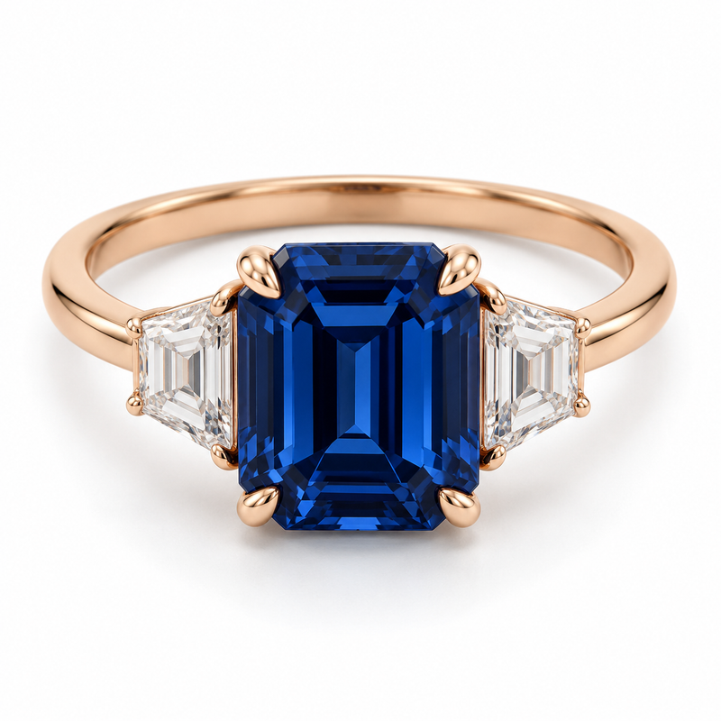 Emerald Sapphire Three Stone Lab-Grown Sapphire and Diamond Engagement Ring — main illustrative render