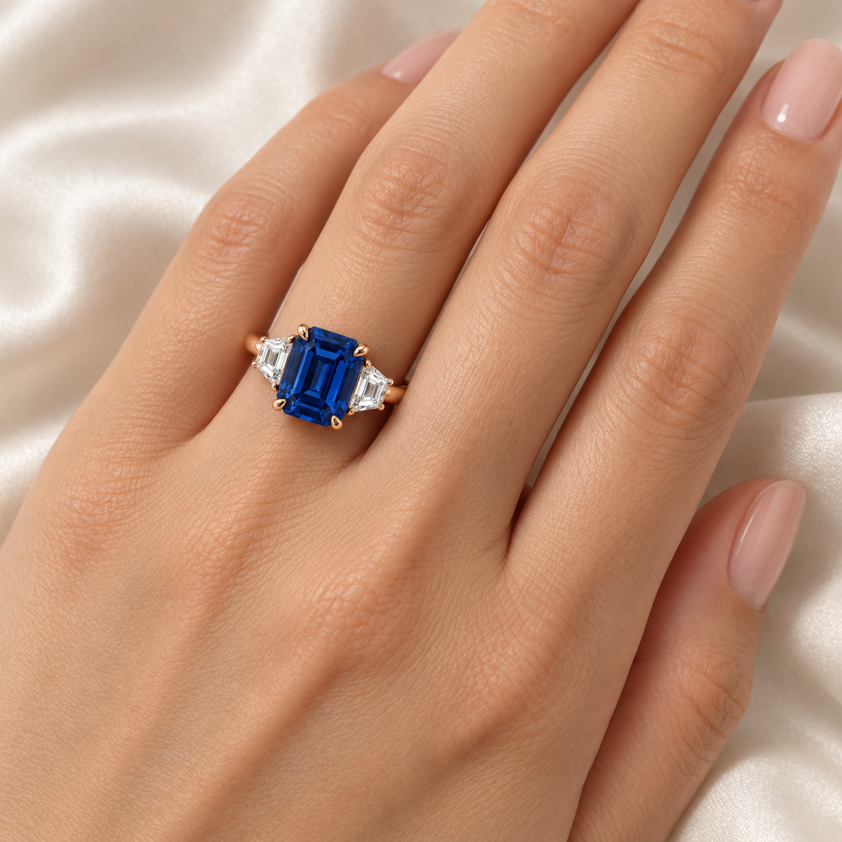 Emerald Sapphire Three Stone Lab-Grown Sapphire and Diamond Engagement Ring — on-hand illustrative render