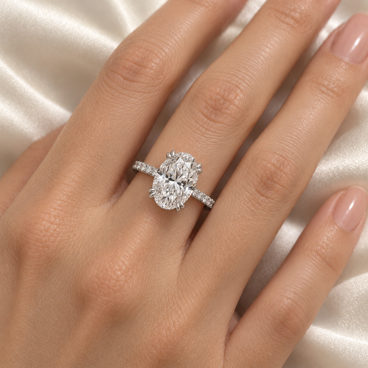 Oval Double Prong Hidden Halo Lab-Grown Diamond Engagement Ring — on-hand illustrative render