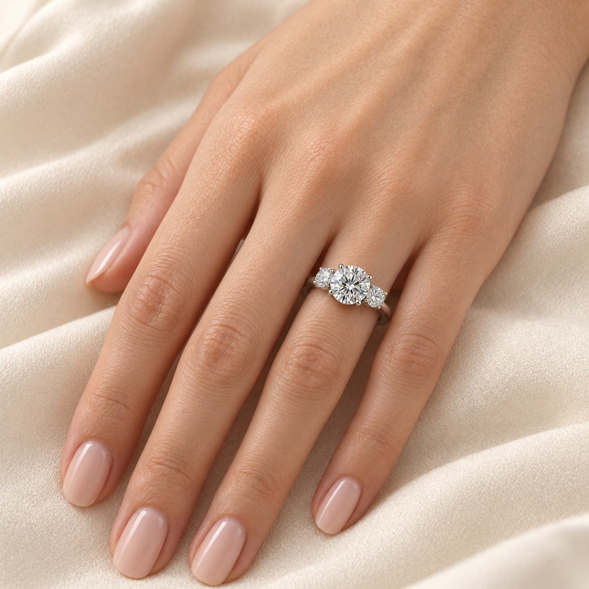 Illustrative render — Round Three-Stone Lab-Grown Diamond Engagement Ring — on-hand view