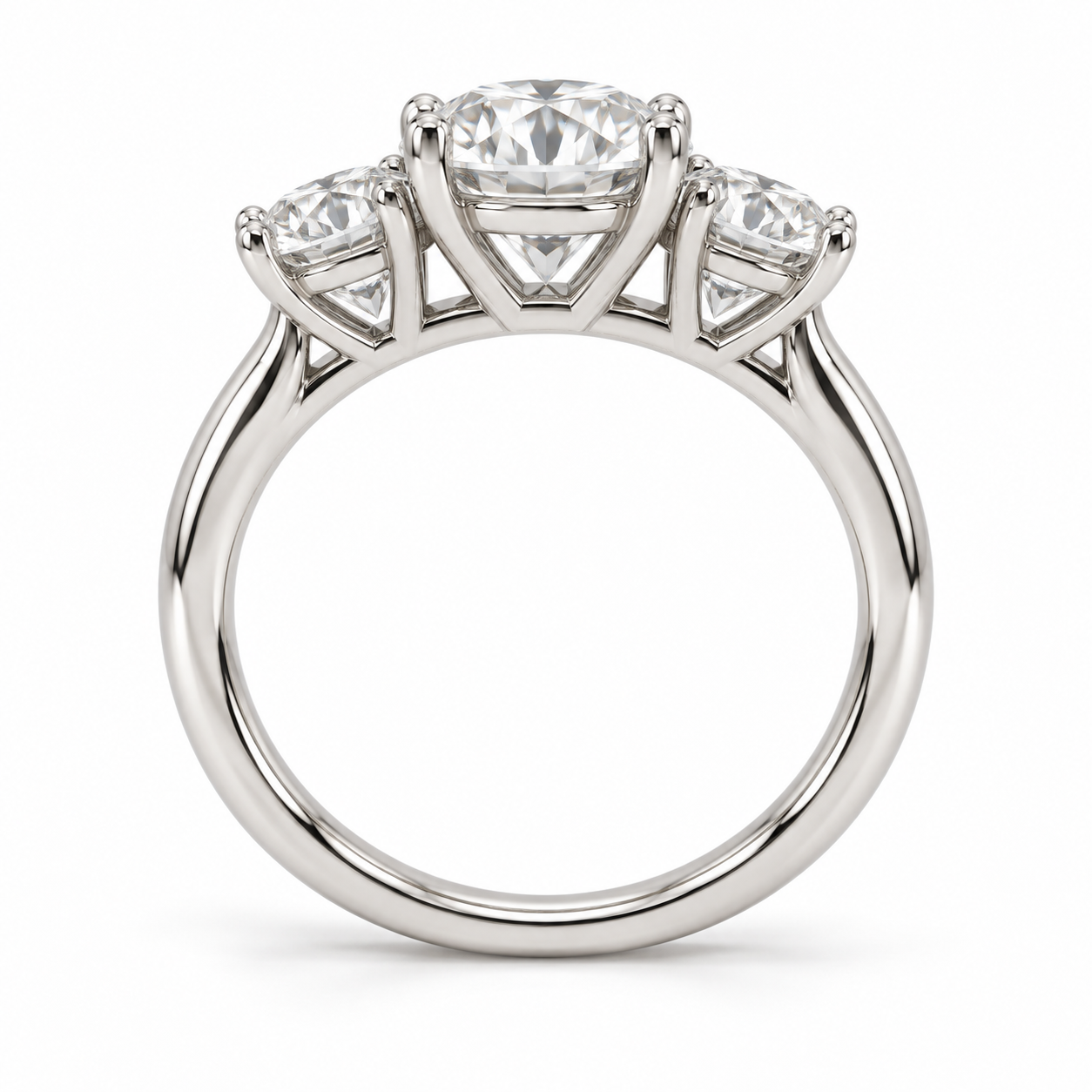 Illustrative render — Round Three-Stone Lab-Grown Diamond Engagement Ring — side view