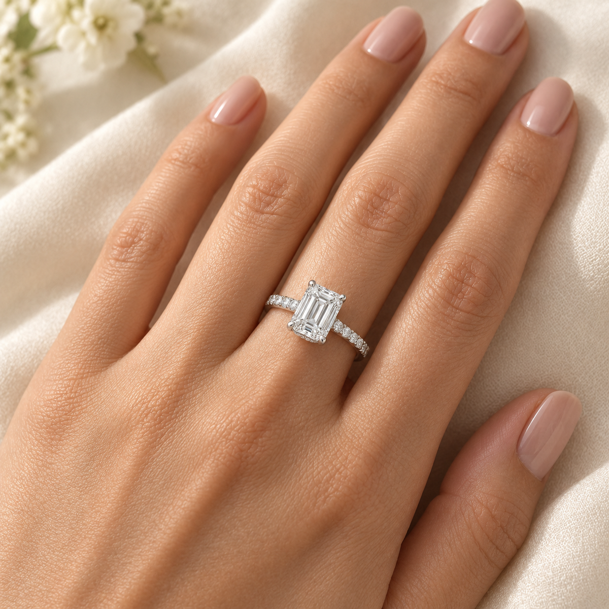 Illustrative render — Emerald Hidden Halo Lab-Grown Diamond Engagement Ring — on-hand view