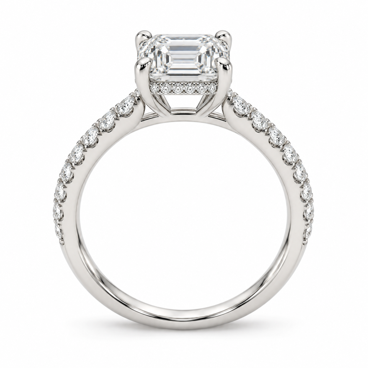 Illustrative render — Emerald Hidden Halo Lab-Grown Diamond Engagement Ring — side view