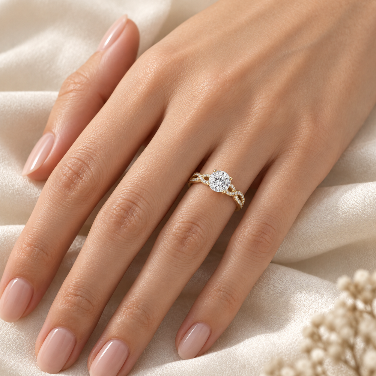 Illustrative render — Round Double Twist Lab-Grown Diamond Engagement Ring — on-hand view