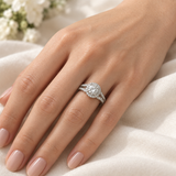 Illustrative render — Round Split Shank Halo Lab-Grown Diamond Engagement Ring — on-hand view