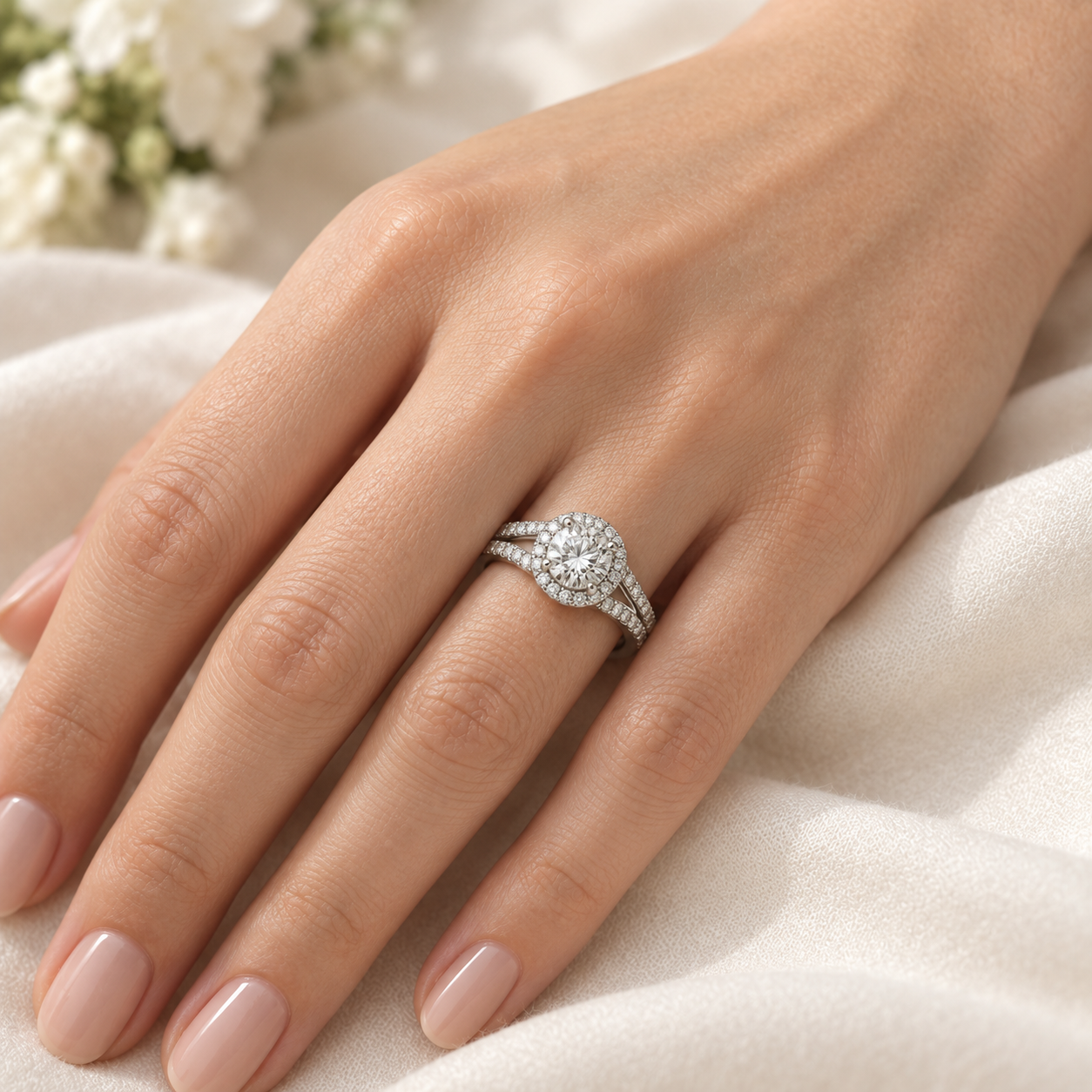 Illustrative render — Round Split Shank Halo Lab-Grown Diamond Engagement Ring — on-hand view