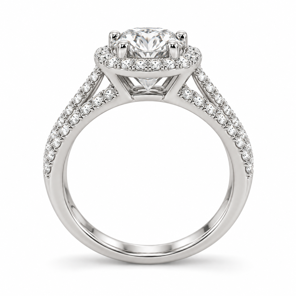 Illustrative render — Round Split Shank Halo Lab-Grown Diamond Engagement Ring — side view