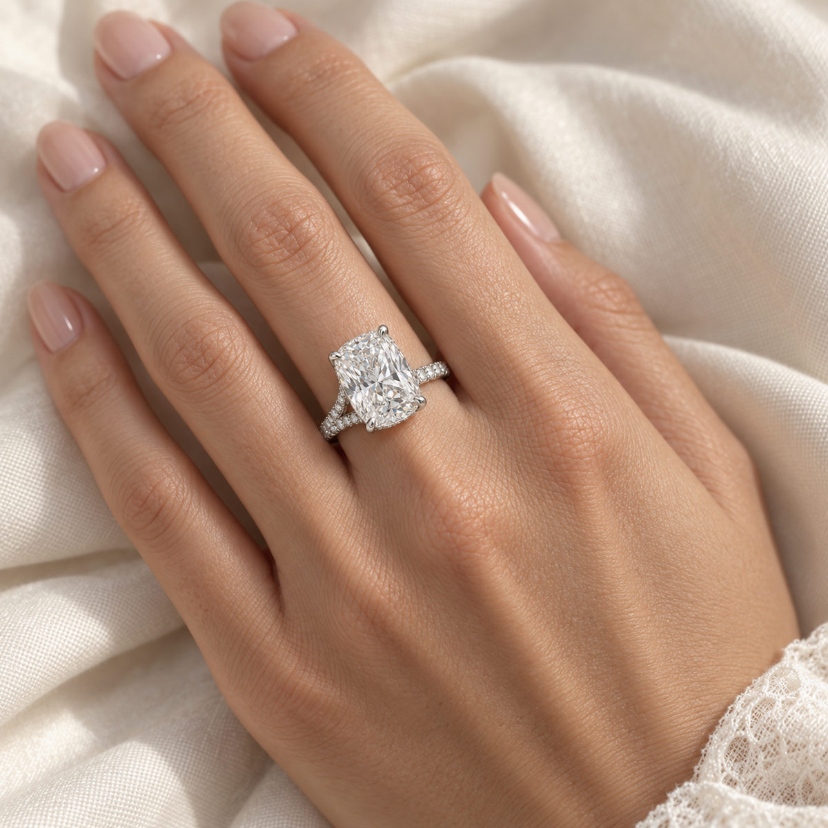 Illustrative render — Elongated Cushion Eternity Lab-Grown Diamond Engagement Ring — on-hand view