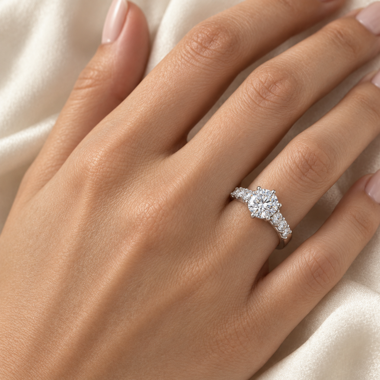 Illustrative render — Round Split Prong Accent Lab-Grown Diamond Engagement Ring — on-hand view