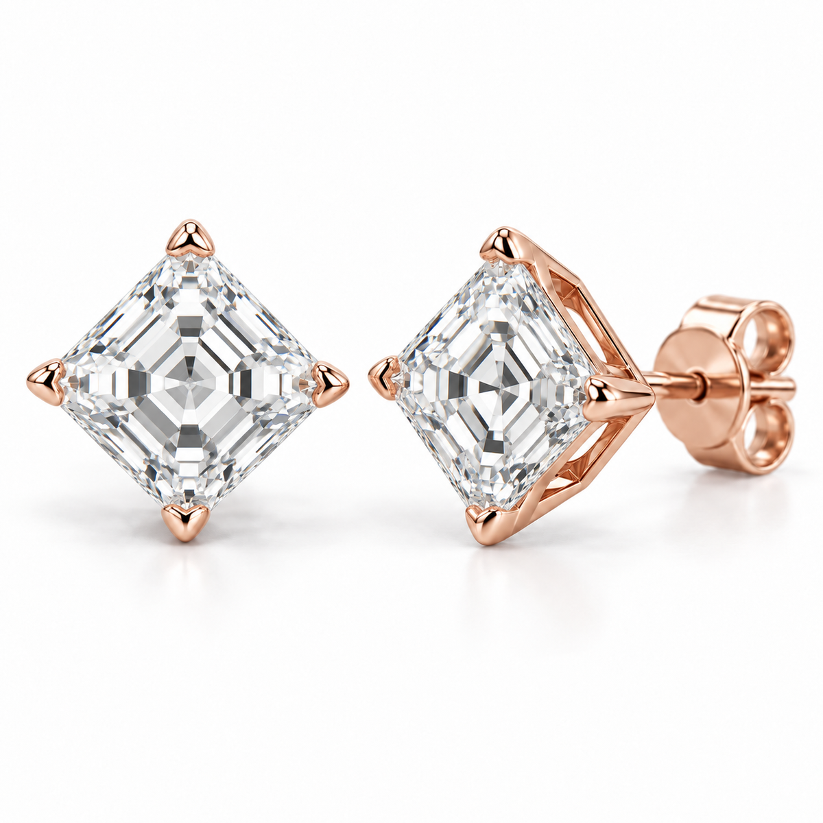 Compass Solitaire lab diamond studs, Asscher, 14K Rose Gold — front and angled pair view, illustrative design rendering