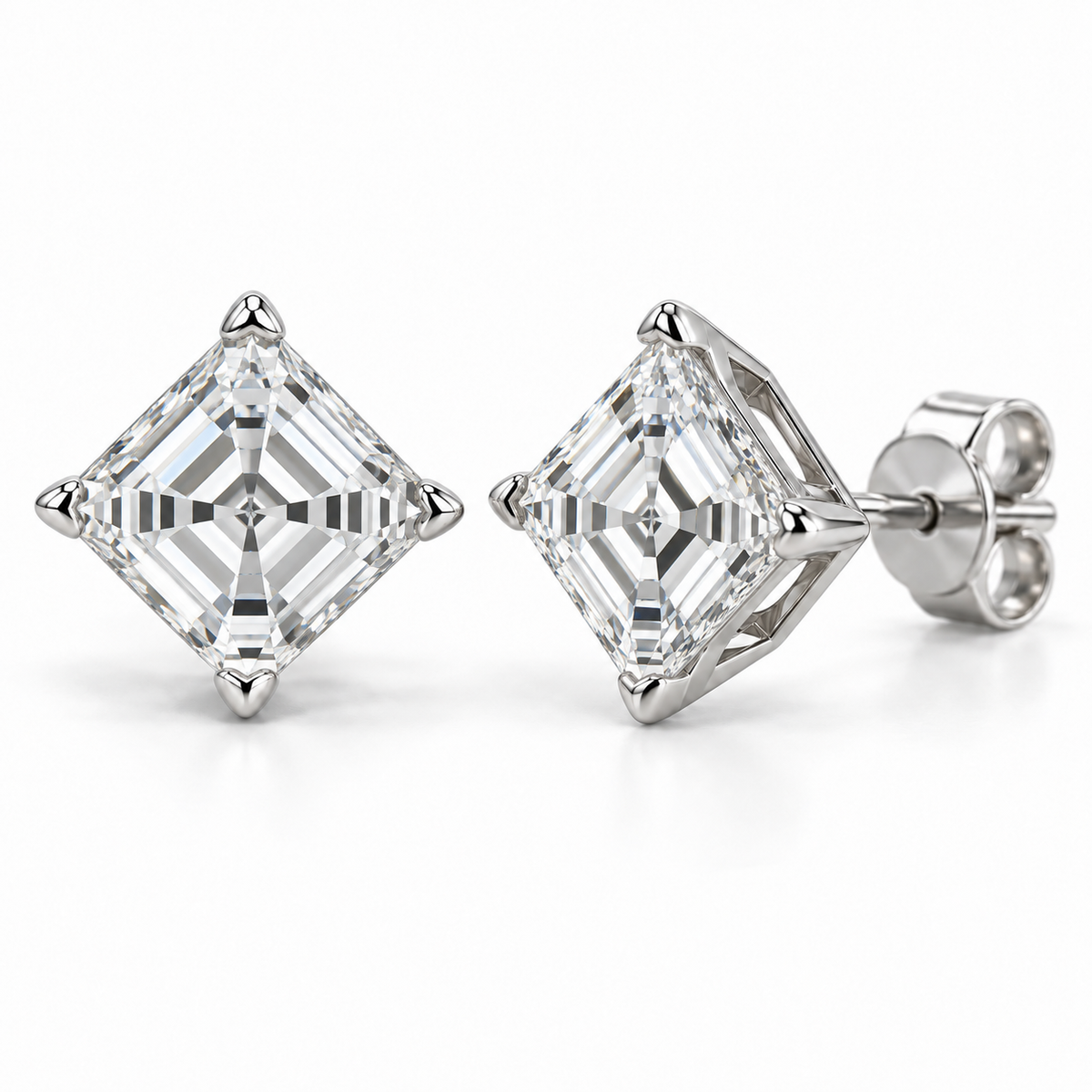 Compass Solitaire lab diamond studs, Asscher, 14K White Gold — front and angled pair view, illustrative design rendering