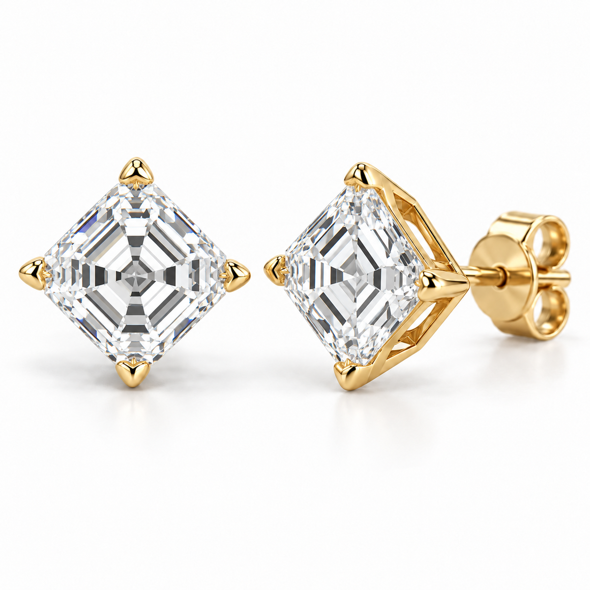 Compass Solitaire lab diamond studs, Asscher, 14K Yellow Gold — front and angled pair view, illustrative design rendering