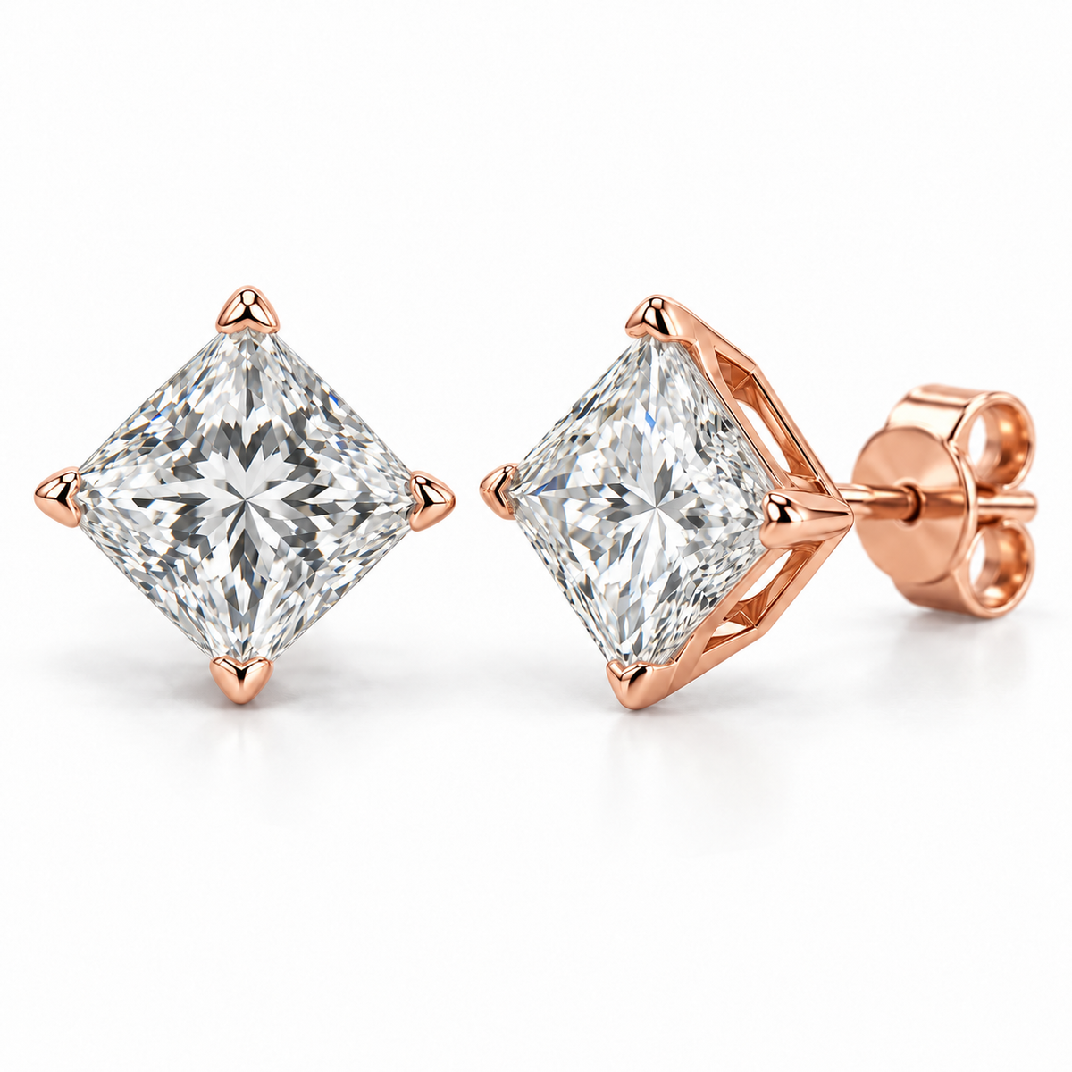 Compass Solitaire lab diamond studs, Princess, 14K Rose Gold — front and angled pair view, illustrative design rendering