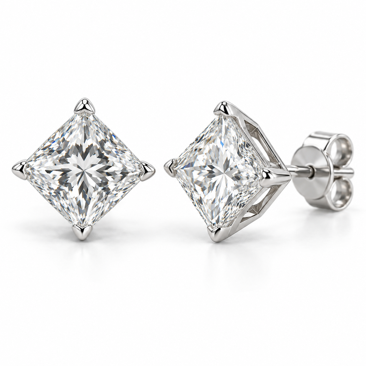 compass lab diamond studs, Princess, 14K white gold — illustrative design rendering