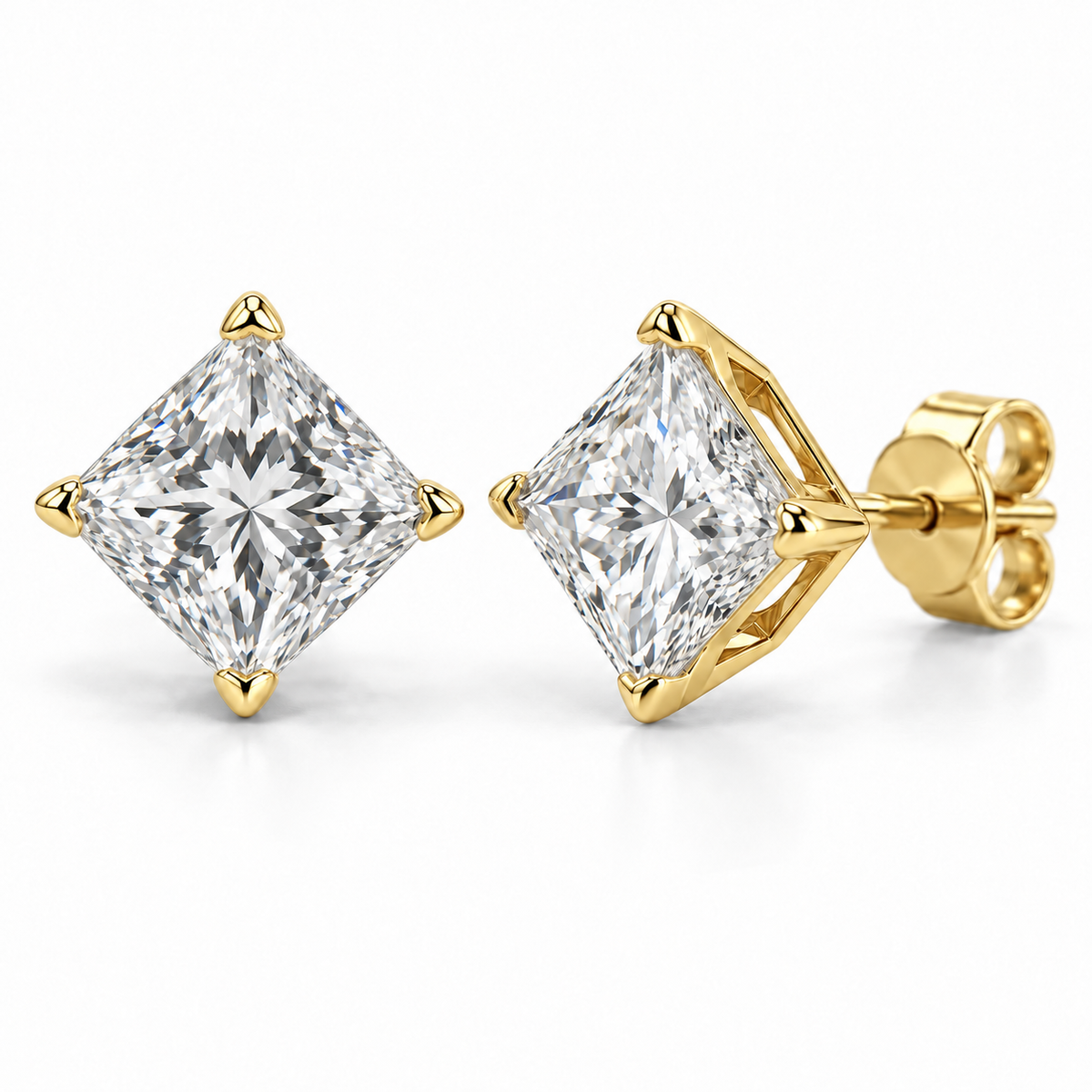 Compass Solitaire lab diamond studs, Princess, 14K Yellow Gold — front and angled pair view, illustrative design rendering