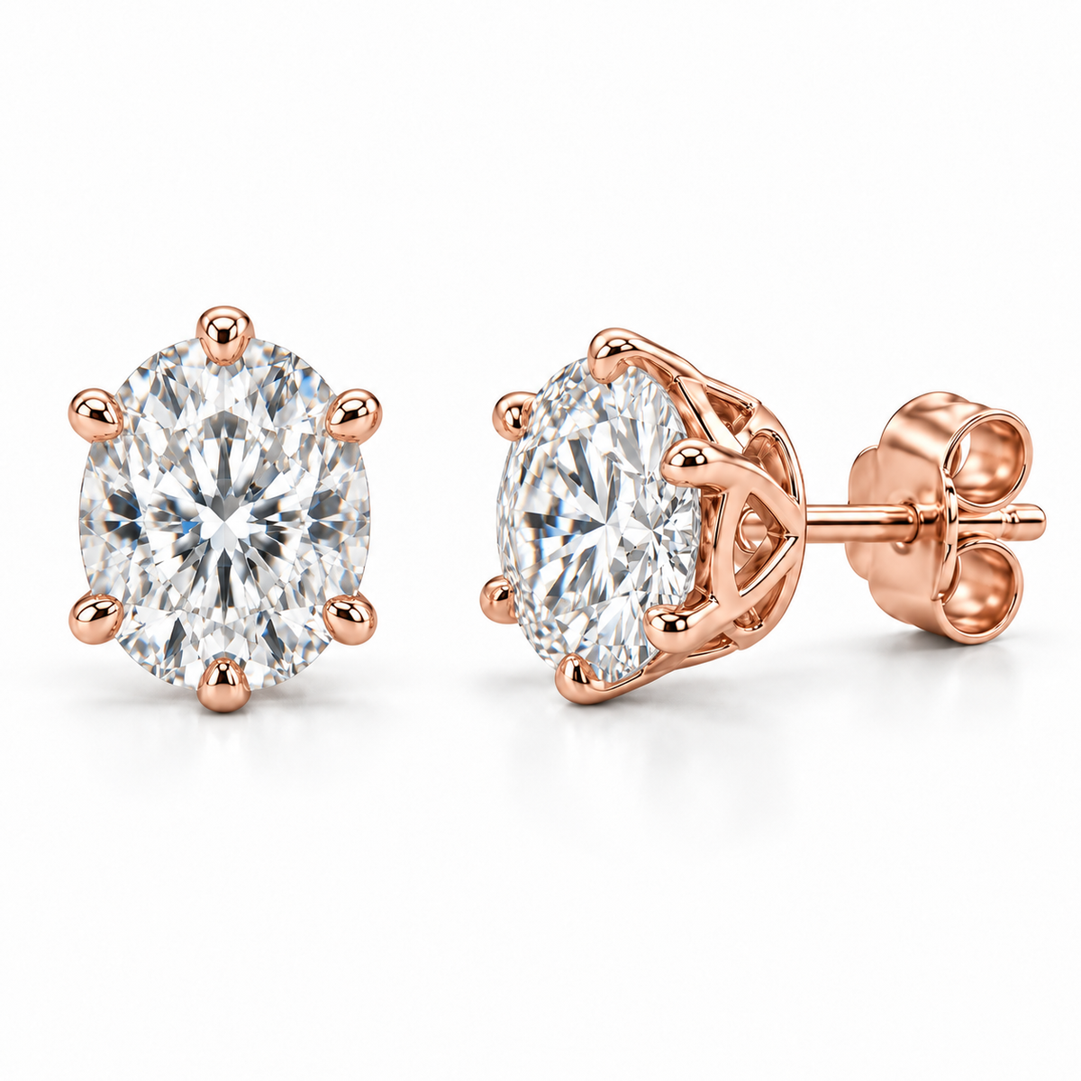 Crown Six-Prong lab diamond studs, Oval, 14K Rose Gold — front and angled pair view, illustrative design rendering