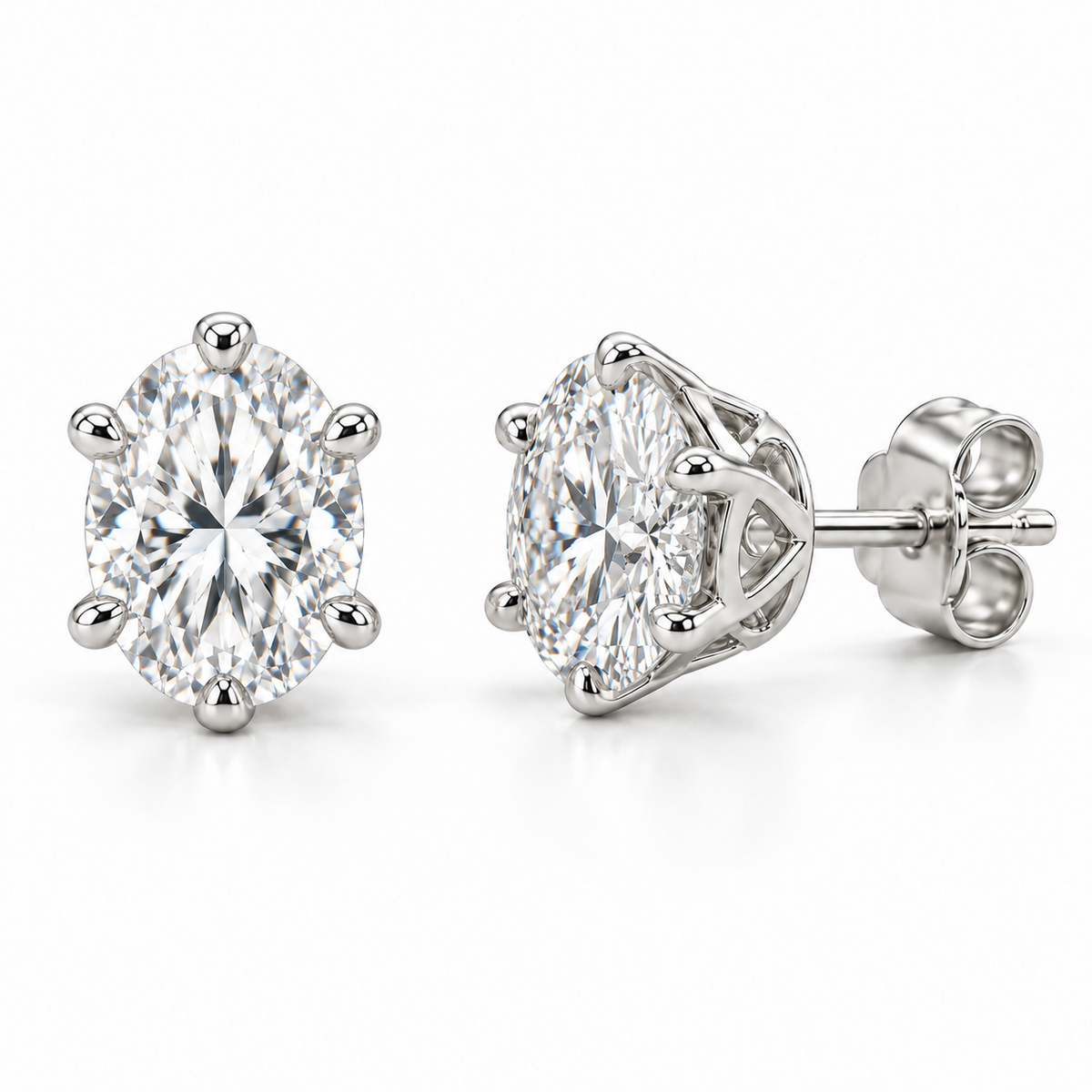 Crown Six-Prong lab diamond studs, Oval, 14K White Gold — front and angled pair view, illustrative design rendering