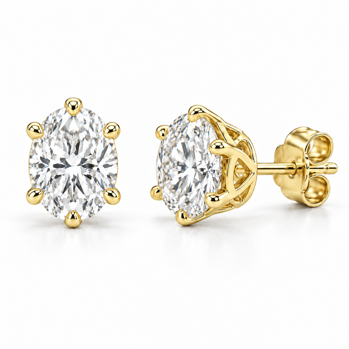 Crown Six-Prong lab diamond studs, Oval, 14K Yellow Gold — front and angled pair view, illustrative design rendering