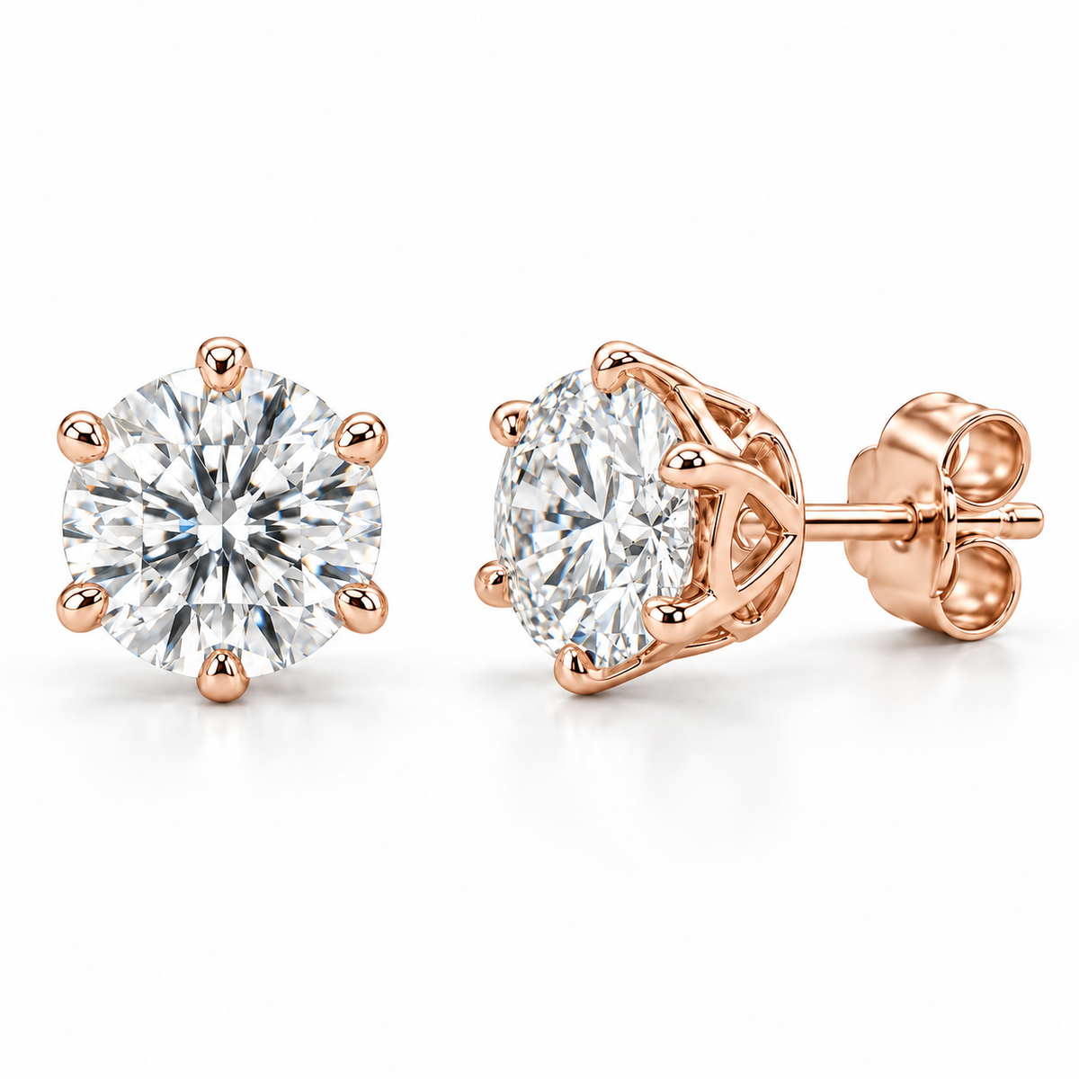 Crown Six-Prong lab diamond studs, Round, 14K Rose Gold — front and angled pair view, illustrative design rendering