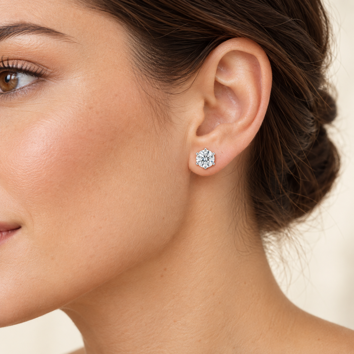 Crown Six-Prong lab diamond studs, Round, 14K White Gold — worn styling view, approximate scale, illustrative design rendering