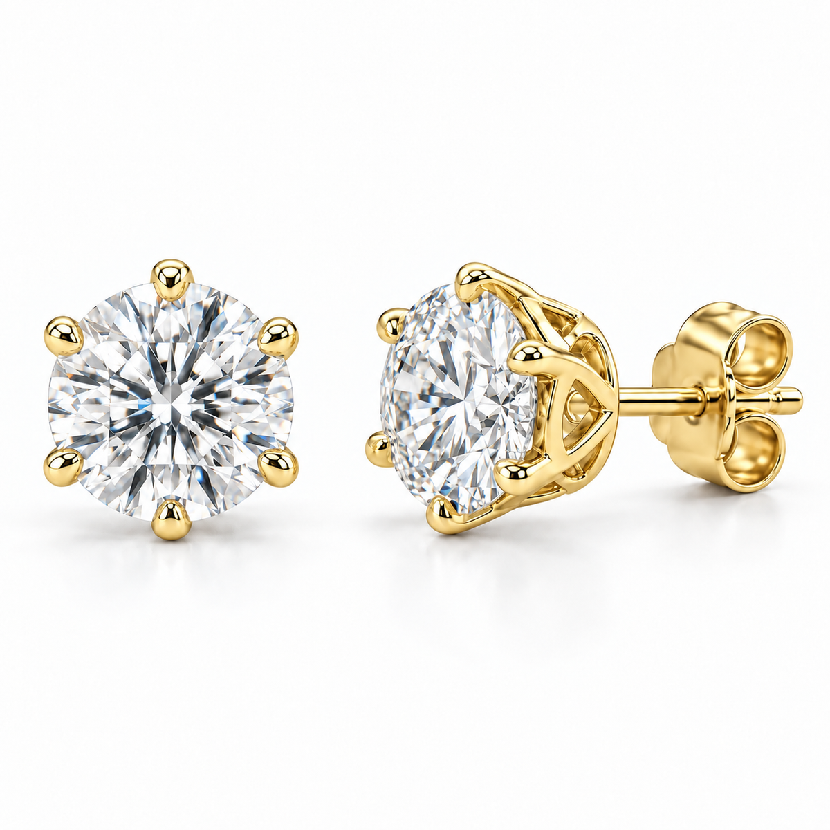 Crown Six-Prong lab diamond studs, Round, 14K Yellow Gold — front and angled pair view, illustrative design rendering