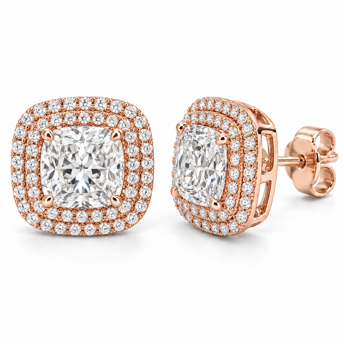 Double Halo lab diamond studs, Cushion, 14K Rose Gold — front and angled pair view, illustrative design rendering