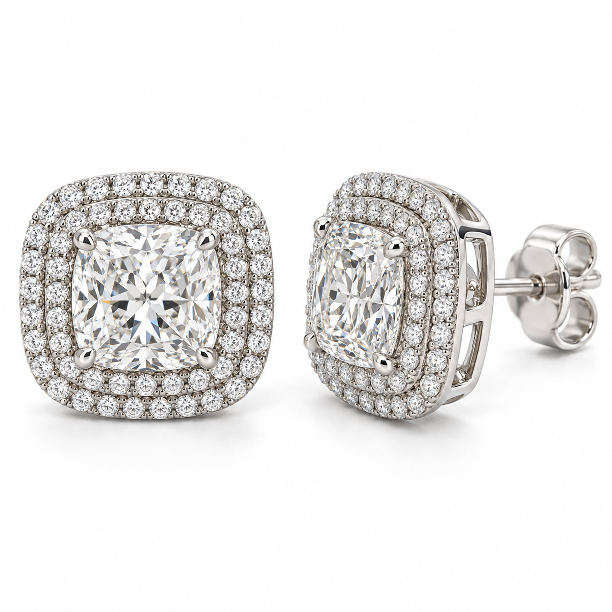 double lab diamond studs, Cushion, 14K white gold — illustrative design rendering