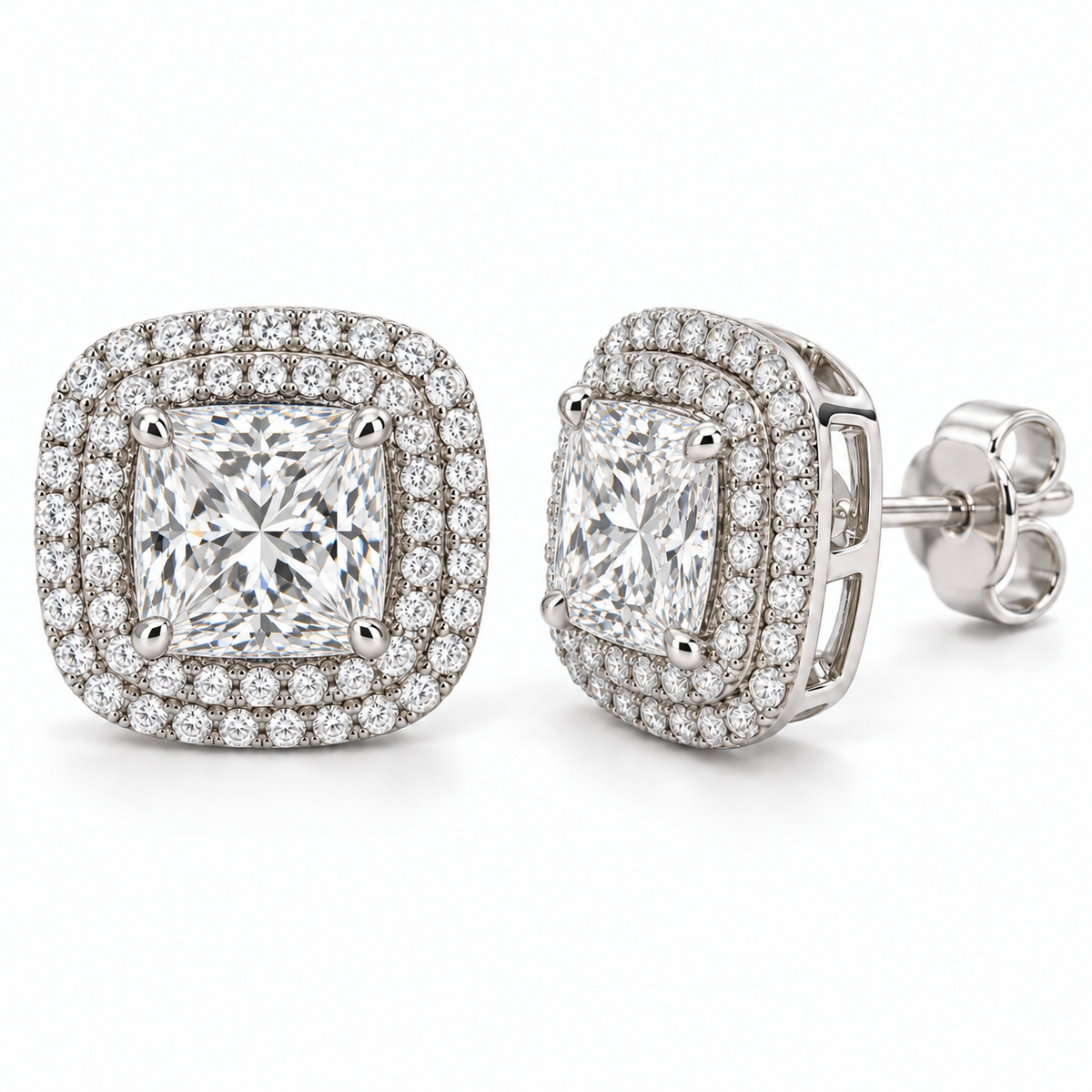 Double Halo lab diamond studs, Princess, 14K White Gold — front and angled pair view, illustrative design rendering