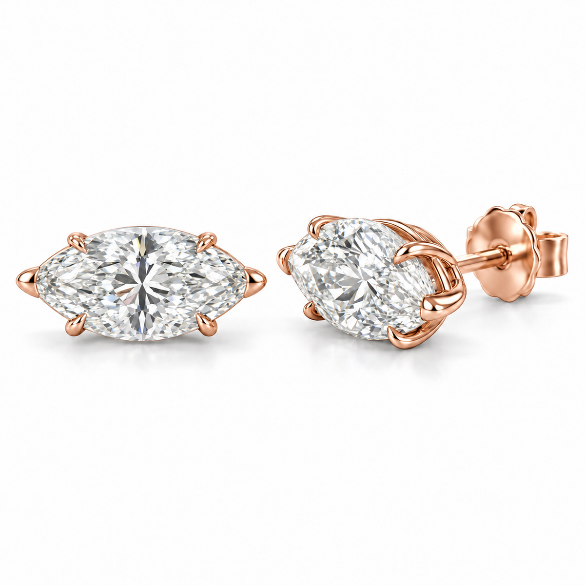 East-West Solitaire lab diamond studs, Marquise, 14K Rose Gold — front and angled pair view, illustrative design rendering