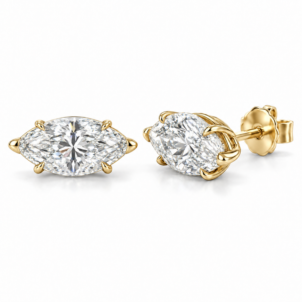 East-West Solitaire lab diamond studs, Marquise, 14K Yellow Gold — front and angled pair view, illustrative design rendering