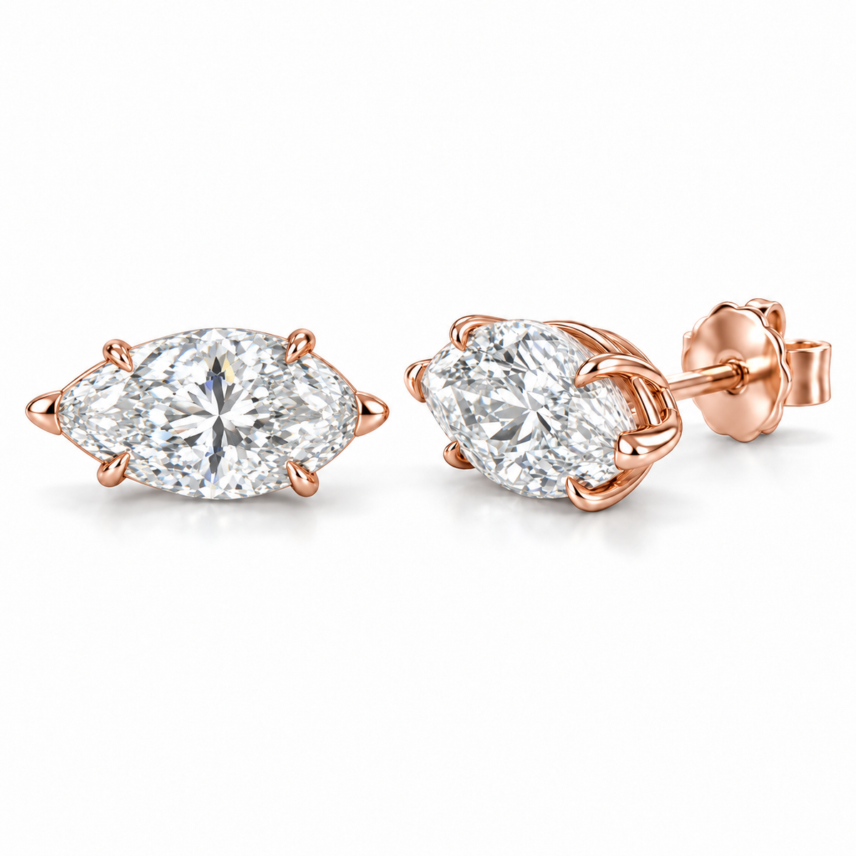 East-West Solitaire lab diamond studs, Pear, 14K Rose Gold — front and angled pair view, illustrative design rendering