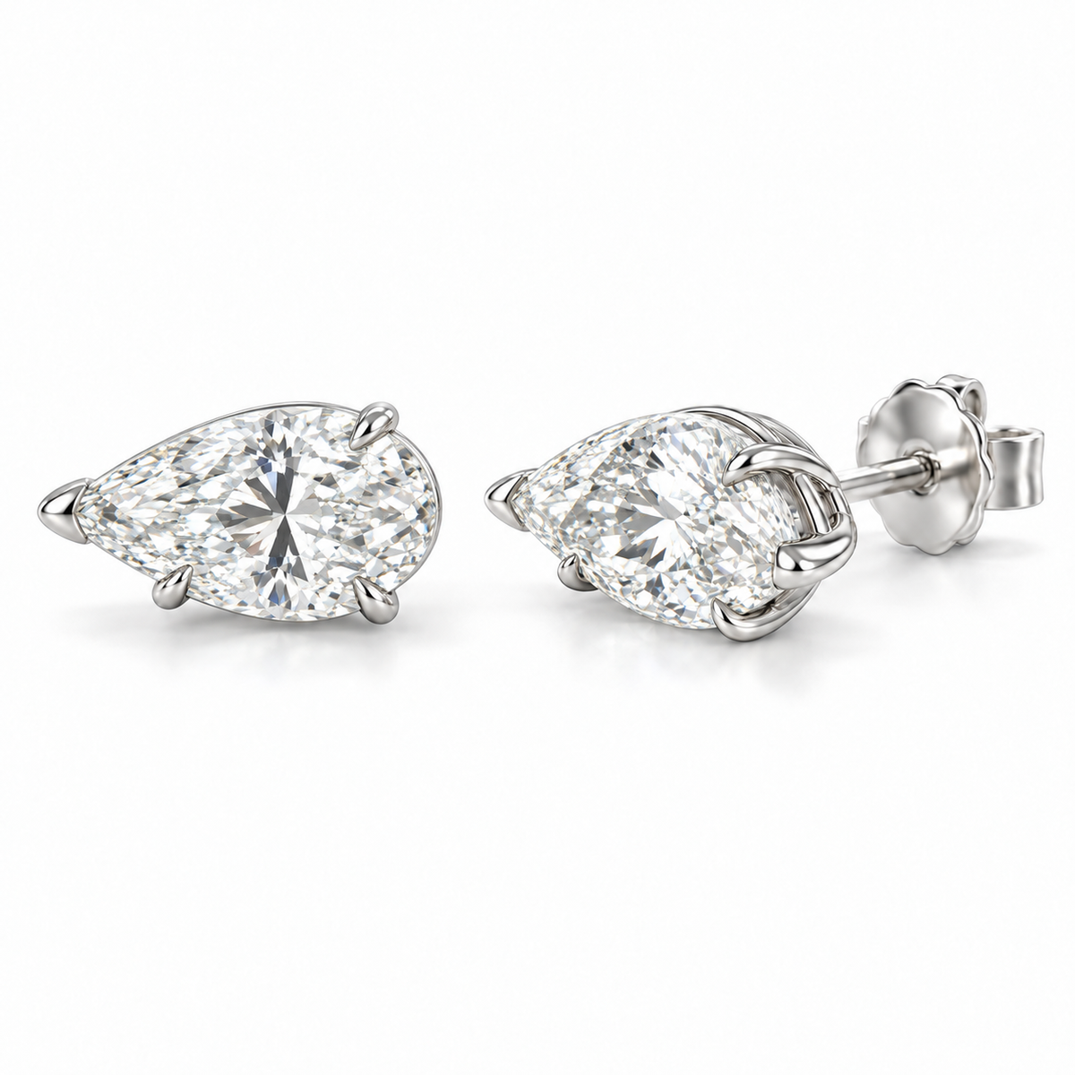 East-West Solitaire lab diamond studs, Pear, 14K White Gold — front and angled pair view, illustrative design rendering