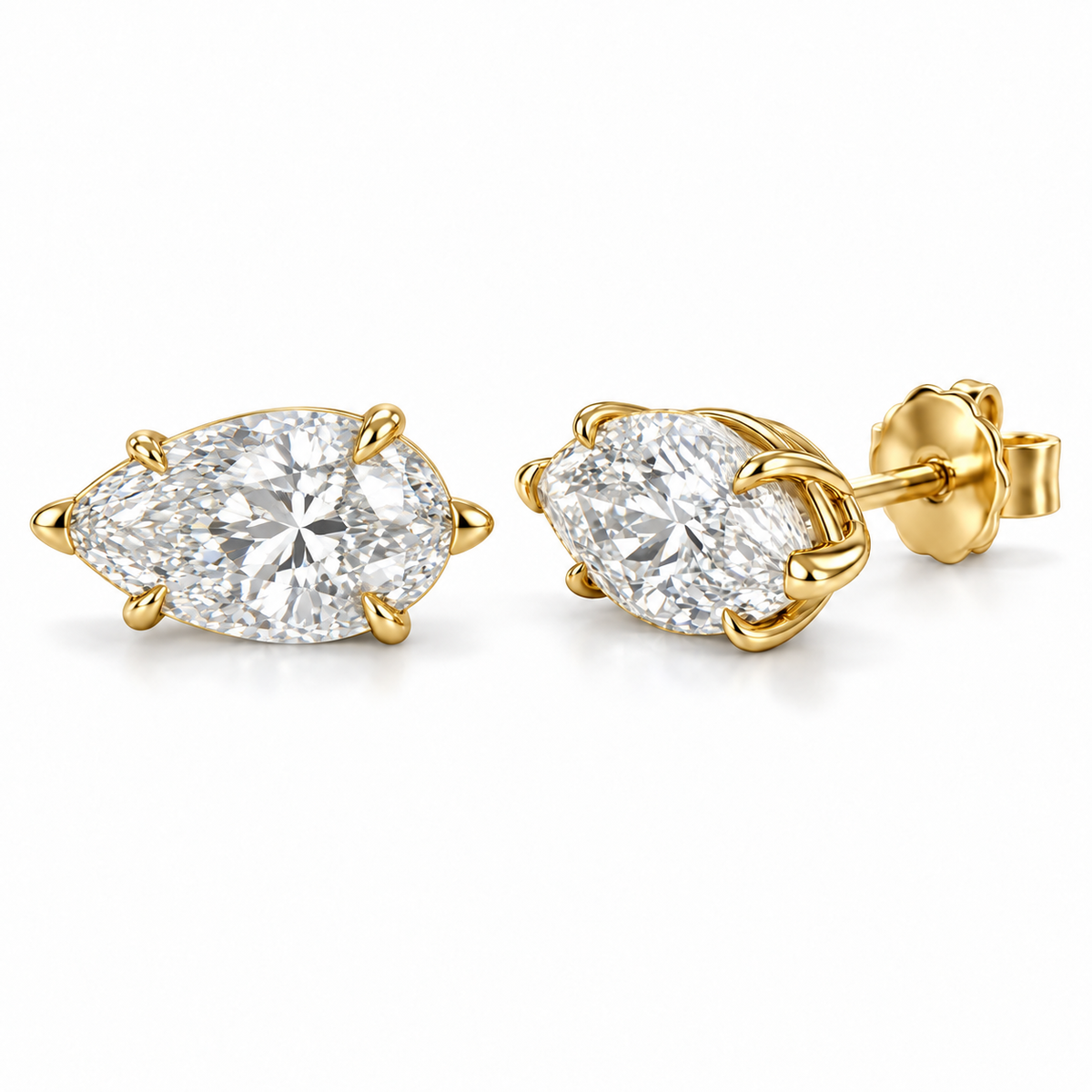 East-West Solitaire lab diamond studs, Pear, 14K Yellow Gold — front and angled pair view, illustrative design rendering