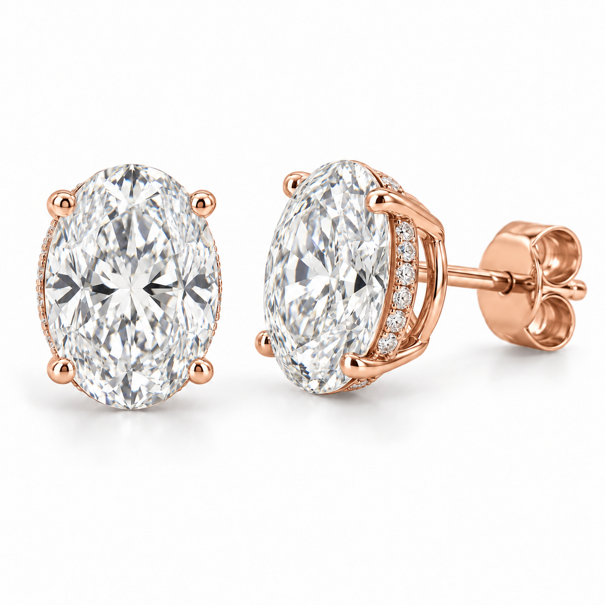 Floating Hidden Halo lab diamond studs, Oval, 14K Rose Gold — front and angled pair view, illustrative design rendering