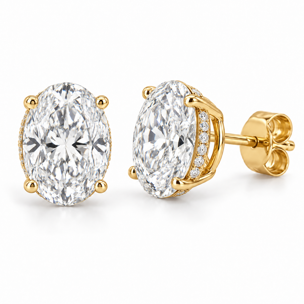 Floating Hidden Halo lab diamond studs, Oval, 14K Yellow Gold — front and angled pair view, illustrative design rendering