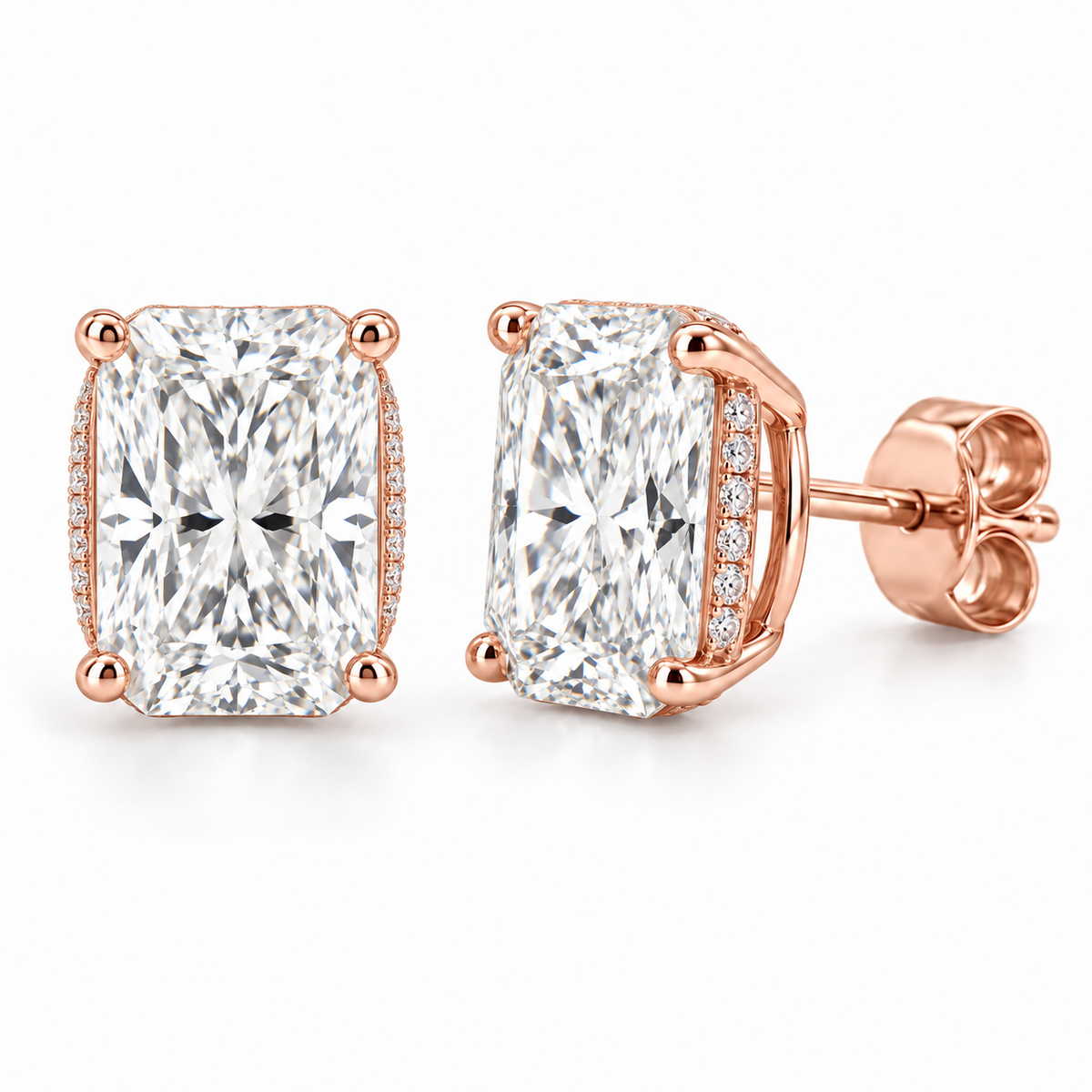 Floating Hidden Halo lab diamond studs, Radiant, 14K Rose Gold — front and angled pair view, illustrative design rendering