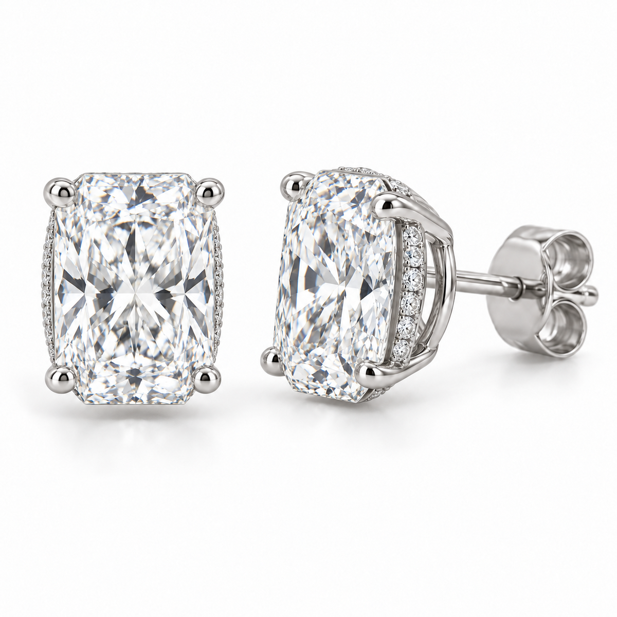 Floating Hidden Halo lab diamond studs, Radiant, 14K White Gold — front and angled pair view, illustrative design rendering
