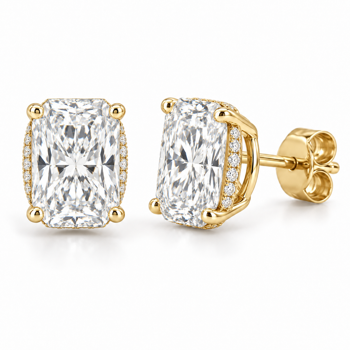 Floating Hidden Halo lab diamond studs, Radiant, 14K Yellow Gold — front and angled pair view, illustrative design rendering
