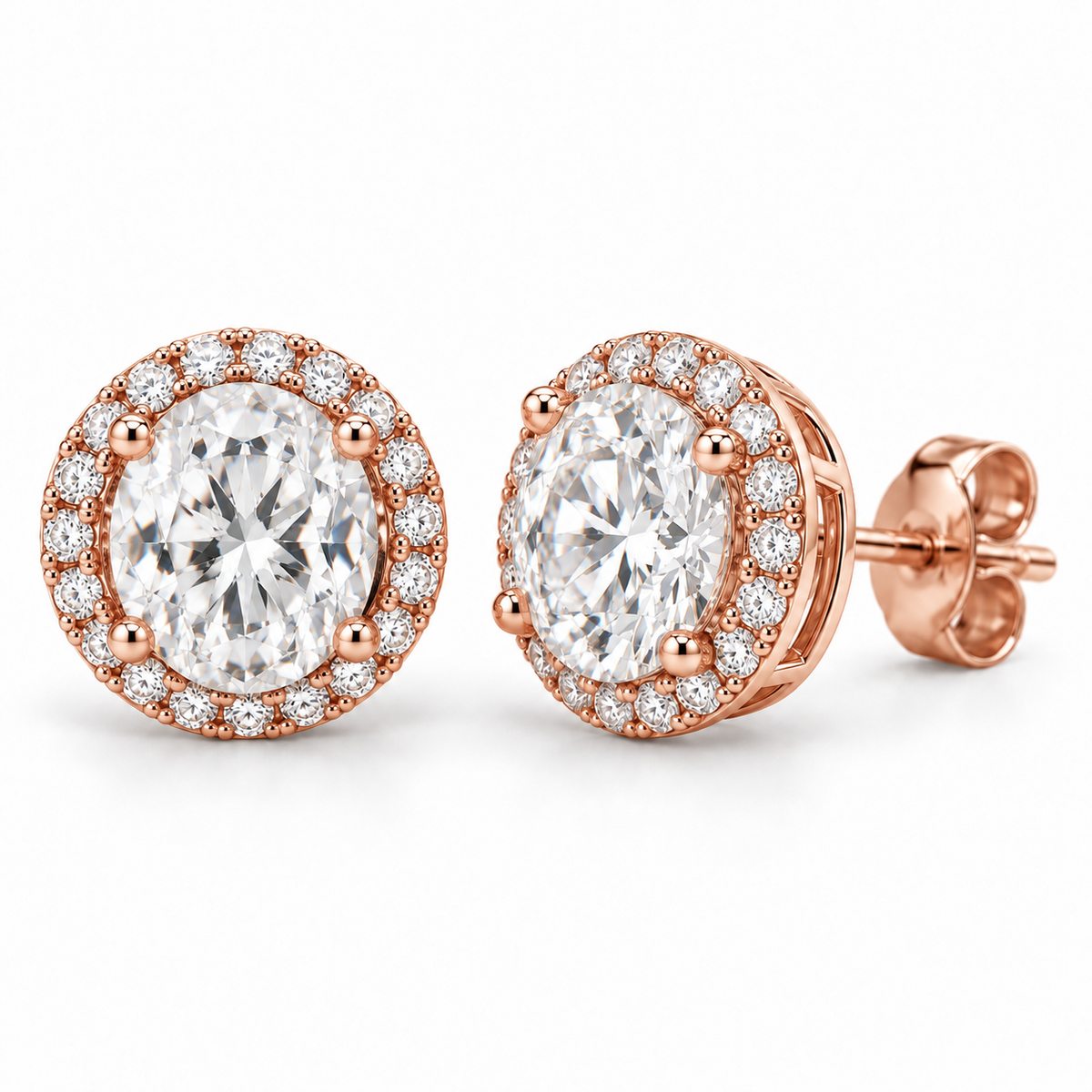 Petite Pavé Halo lab diamond studs, Oval, 14K Rose Gold — front and angled pair view, illustrative design rendering