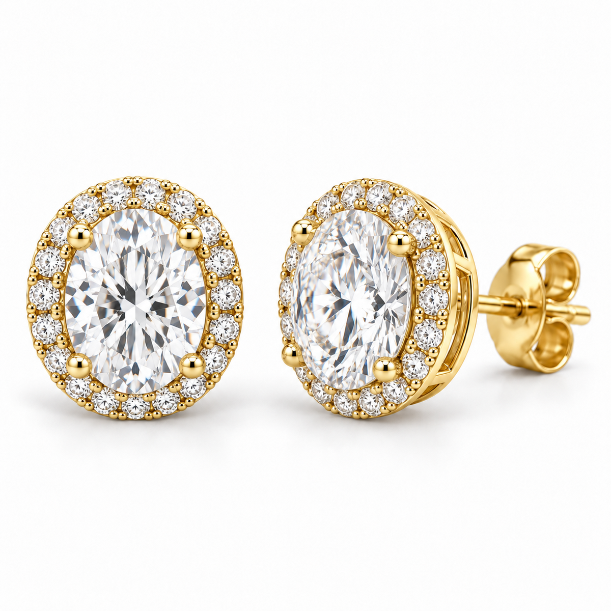 Petite Pavé Halo lab diamond studs, Oval, 14K Yellow Gold — front and angled pair view, illustrative design rendering