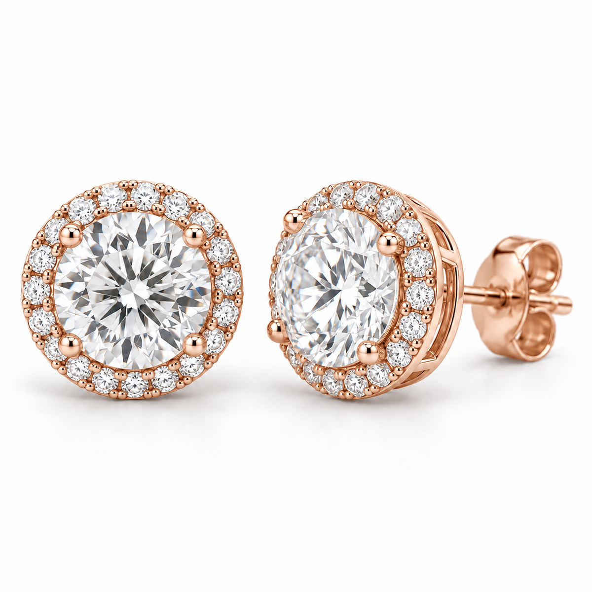 Petite Pavé Halo lab diamond studs, Round, 14K Rose Gold — front and angled pair view, illustrative design rendering