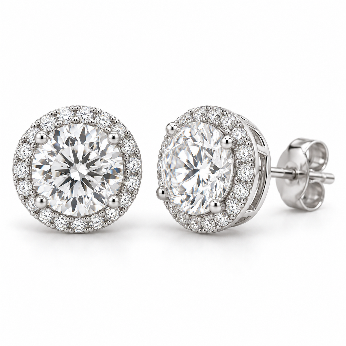 halo lab diamond studs, Round, 14K white gold — illustrative design rendering