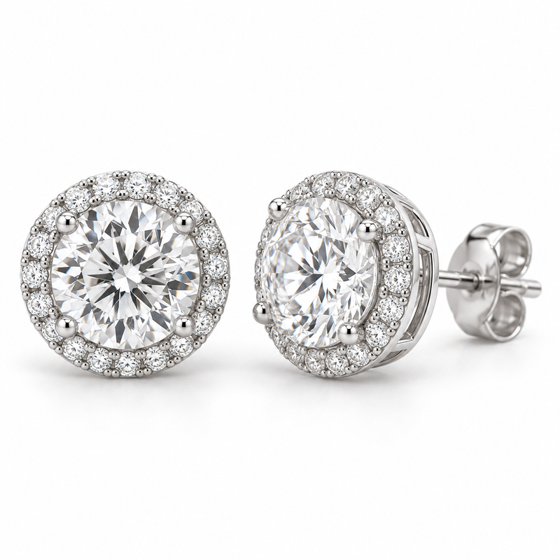 halo lab diamond studs, Round, 14K white gold — illustrative design rendering