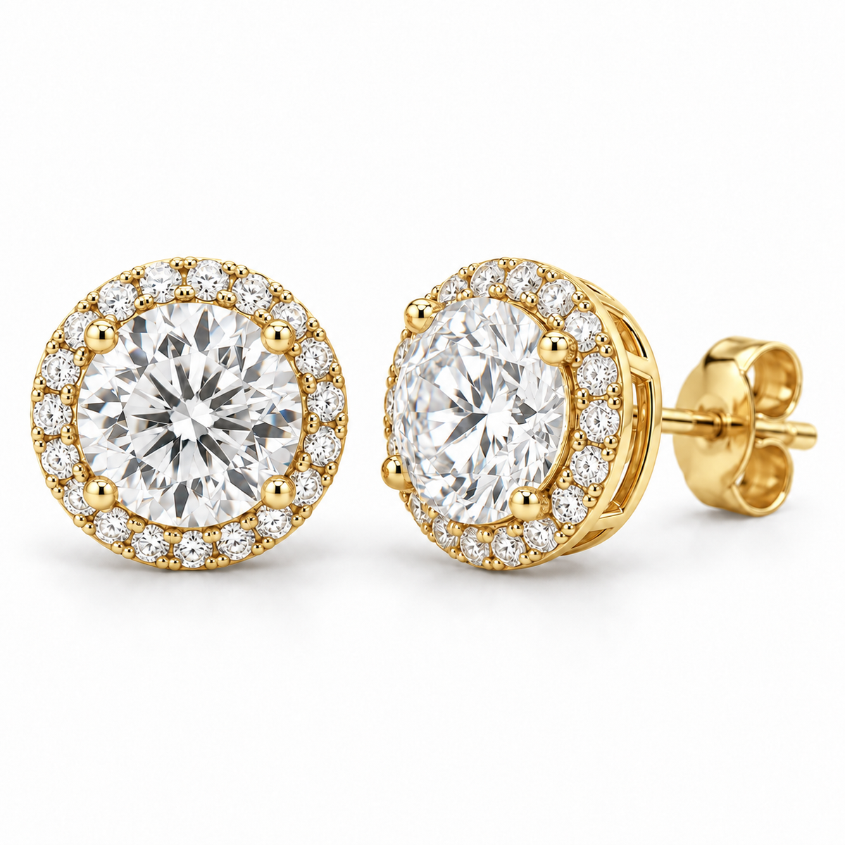 Petite Pavé Halo lab diamond studs, Round, 14K Yellow Gold — front and angled pair view, illustrative design rendering
