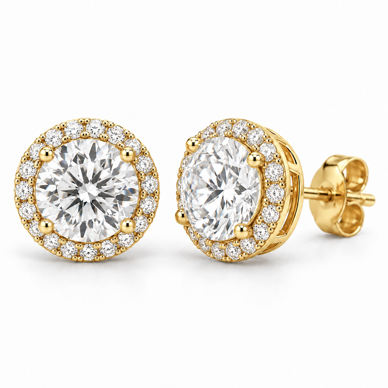 Petite Pavé Halo lab diamond studs, Round, 14K Yellow Gold — front and angled pair view, illustrative design rendering