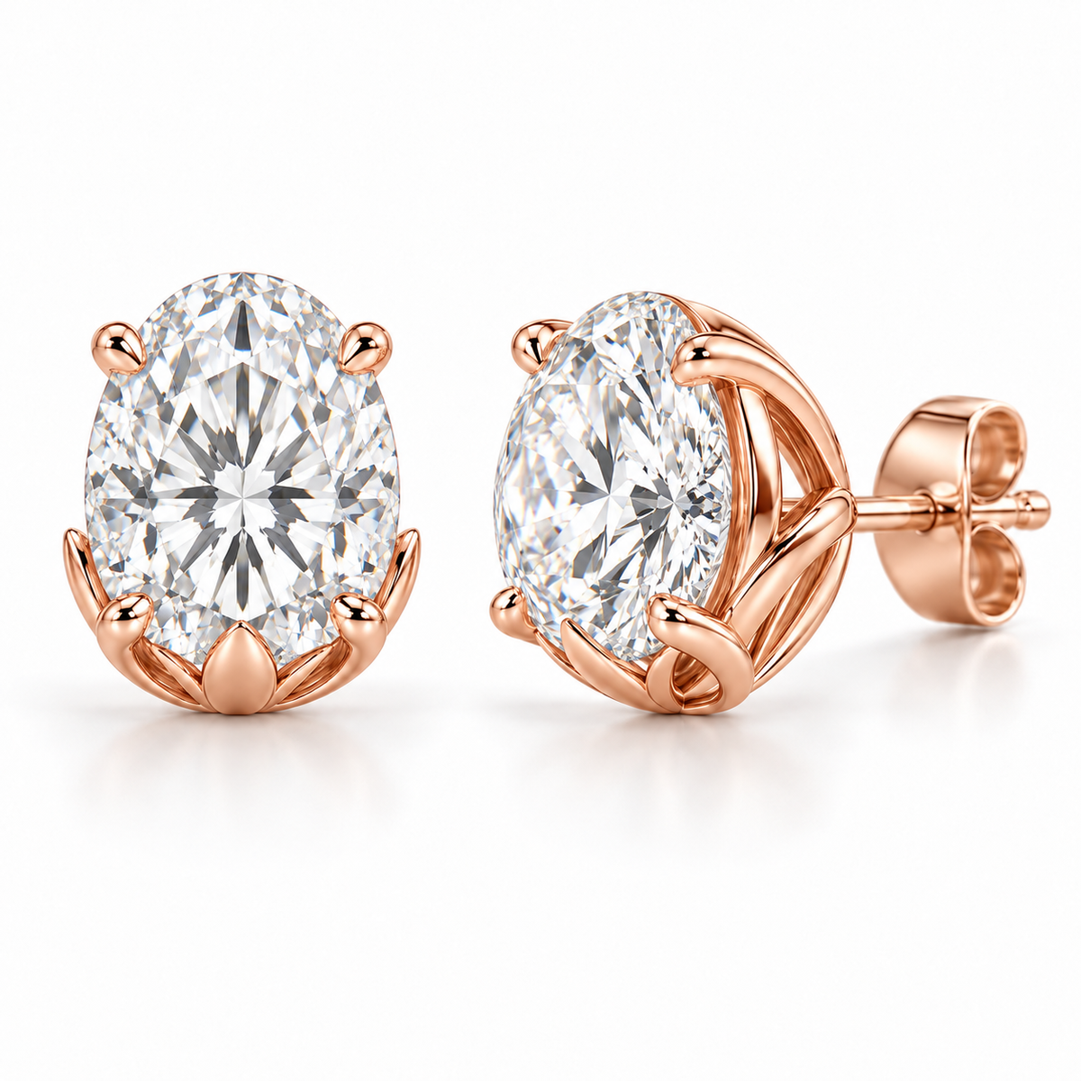 Lotus Petal lab diamond studs, Oval, 14K Rose Gold — front and angled pair view, illustrative design rendering